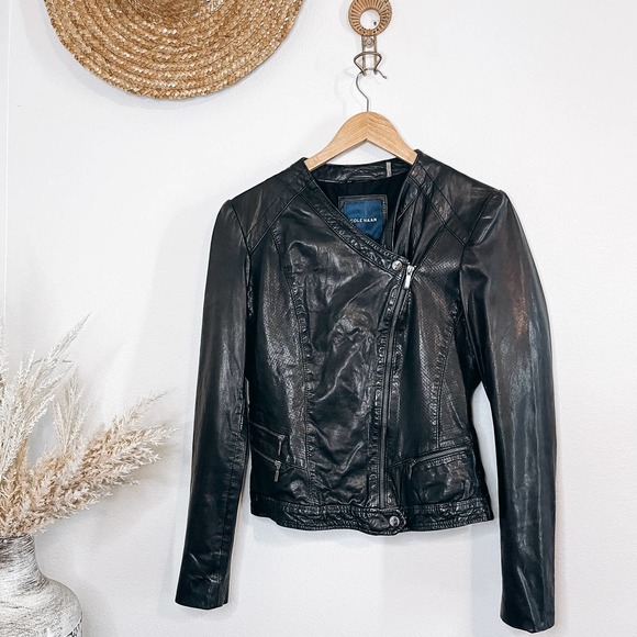 Cole Haan Leather Moto Jacket in Black Size Small
